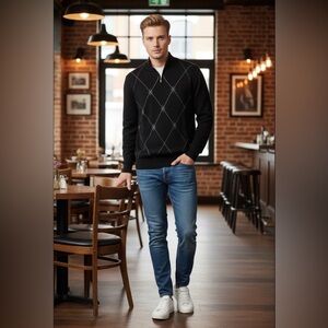 HARRY ROSEN Black Argyle Quarter-Zip Sweater